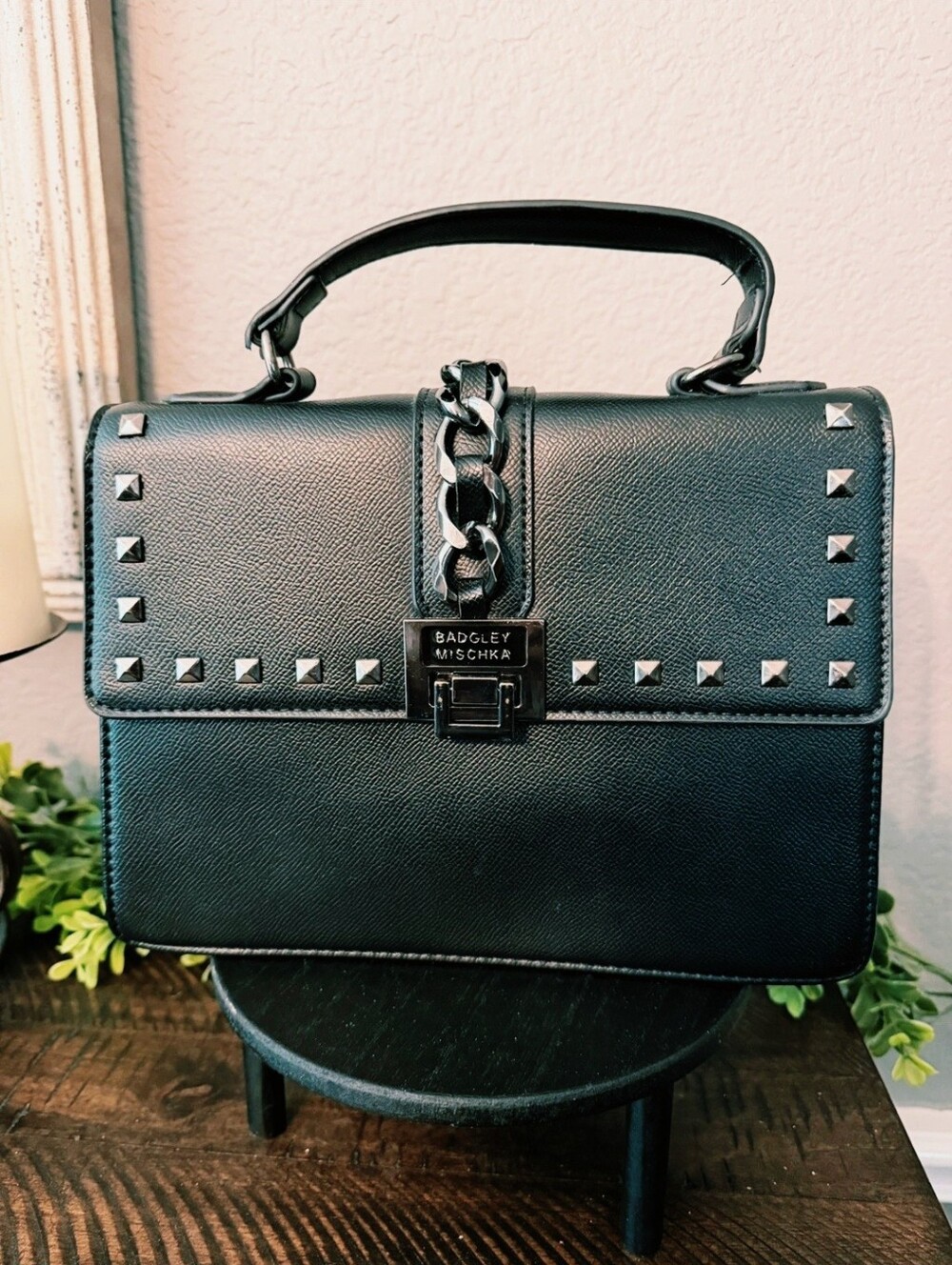 Badgley Mischka Black Studded Handbag with Chain Detail